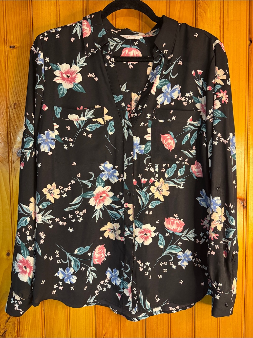 Candie's Black Floral Button-Front Blouse with Pink, Blue & Cream Blooms